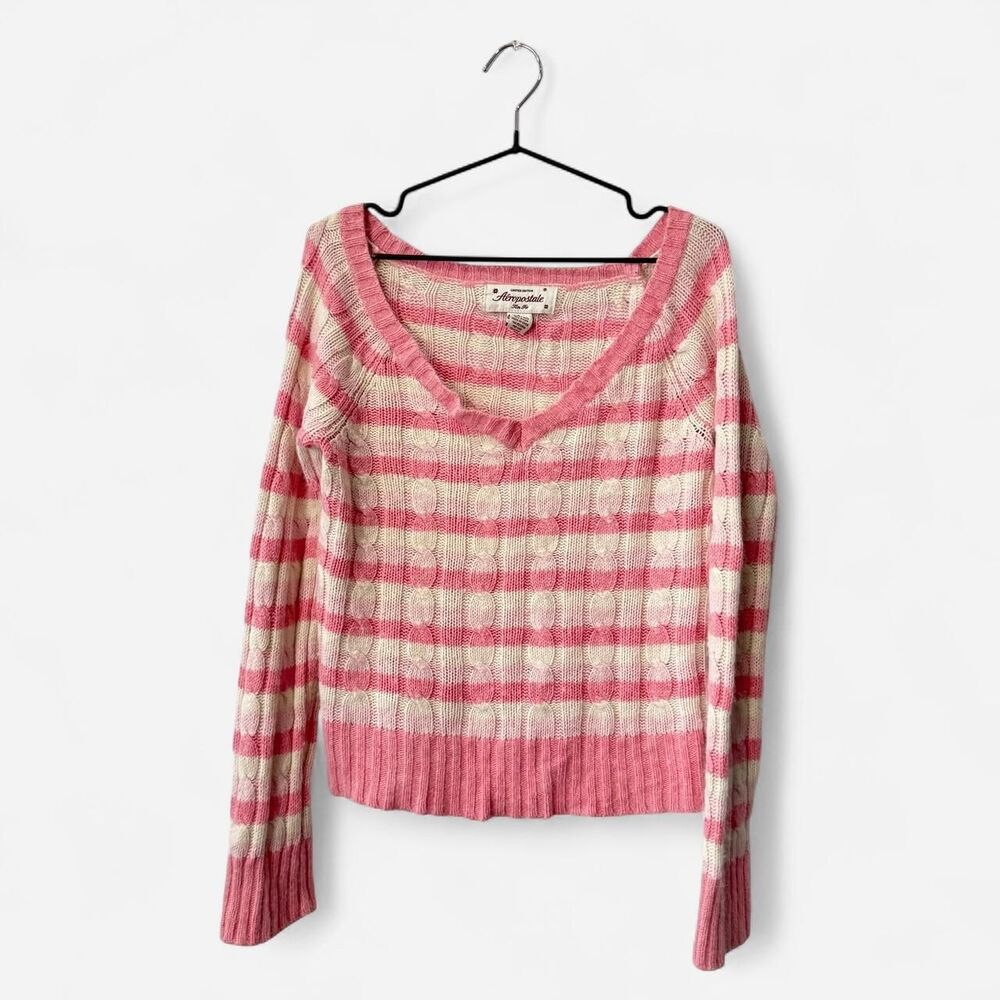 Y2K Aeropostale baby pink and cream striped cable knit sweater Angora Rabbit L